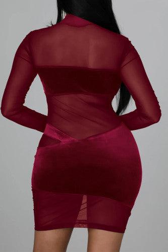 Burgundy Sexy Solid Split Joint See-through Mesh Half A Turtleneck Mini  Dresses - Mycia Boutique