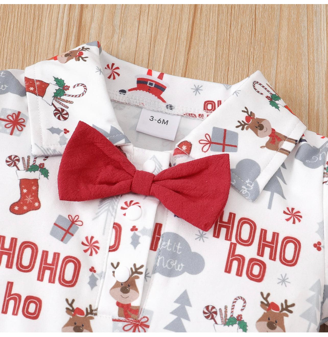 2pcs Baby Boy Red Christmas All Over Print Short-sleeve Shirt Romper and Overalls Shorts Set - Mycia Boutique