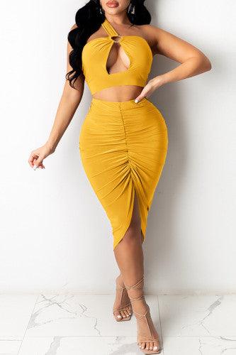 Yellow Fashion Sexy Solid Hollowed Out Backless Fold Strapless Sleeveless Two Pieces - Mycia Boutique