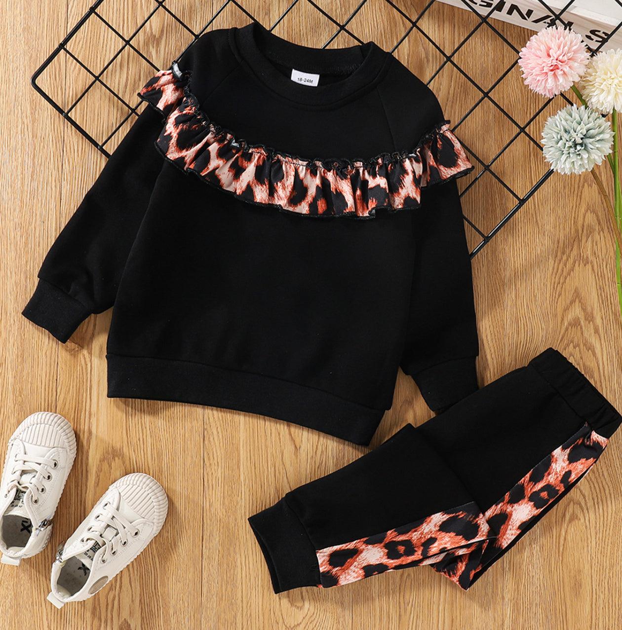 2-piece Toddler Girl Ruffled Leopard Print Pullover and Elasticized Pants Set - Mycia Boutique