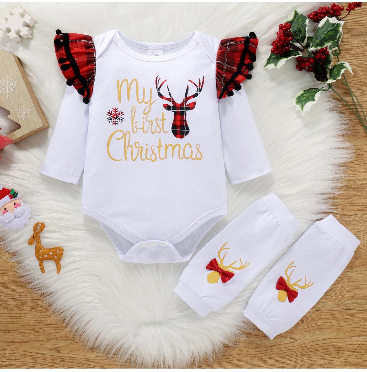 Baby Girl 3pcs Christmas Letter Print Pom Poms Long-sleeve Romper and Plaid Suspender Skort Set - Mycia Boutique