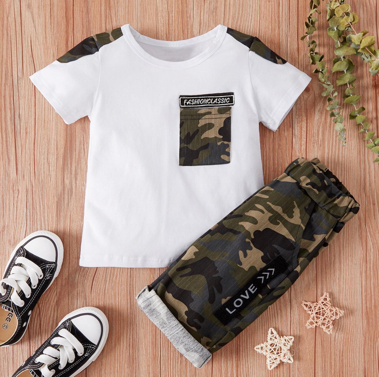 2-piece Boy Camouflage Tee and Shorts Set White / 3-4 Years - Mycia Boutique