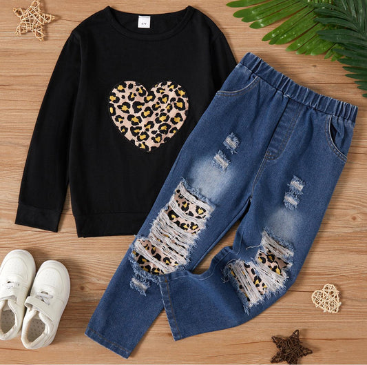 2-piece Kid Girl Leopard Heart Print Black Pullover Sweat shirt and Patchwork Ripped Jeans Denim Pants Set - Mycia Boutique