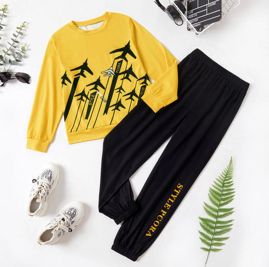 2-piece Boy Letter Plane Print Long-sleeve Top and Elasticized Joggers Pants Set - Mycia Boutique