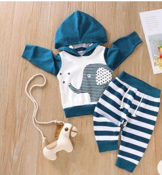 Baby Boy Striped Elephant Hoodie and Pants Set - Mycia Boutique