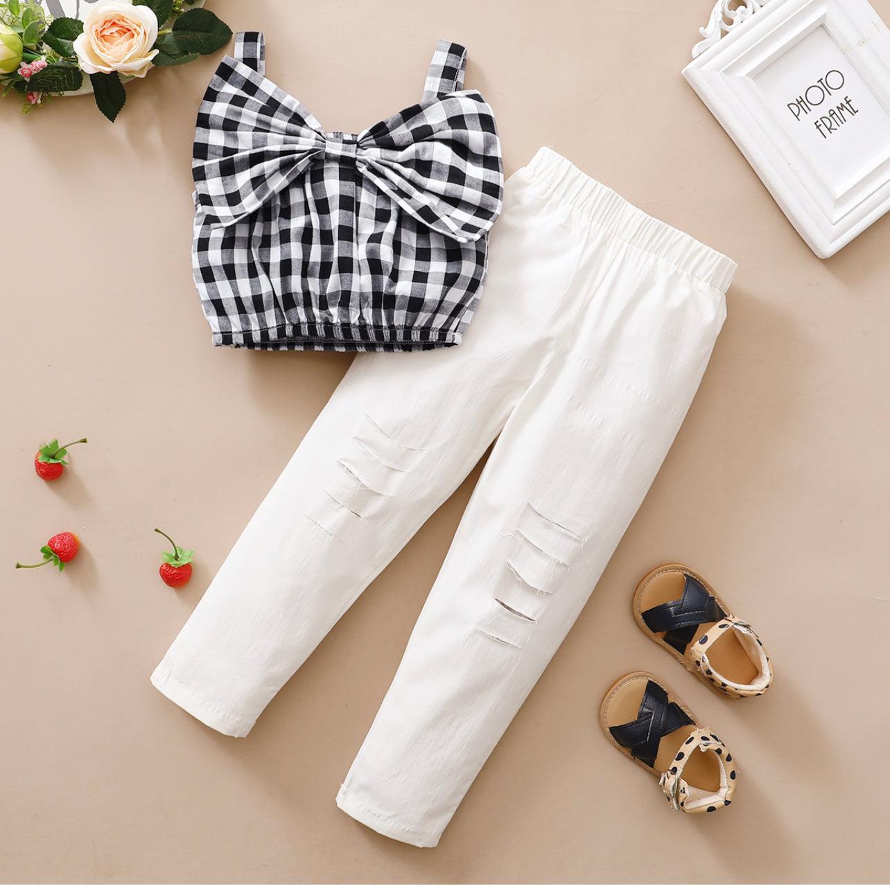 Toddler Girl Plaid Bowknot Tank And White Pants - Mycia Boutique