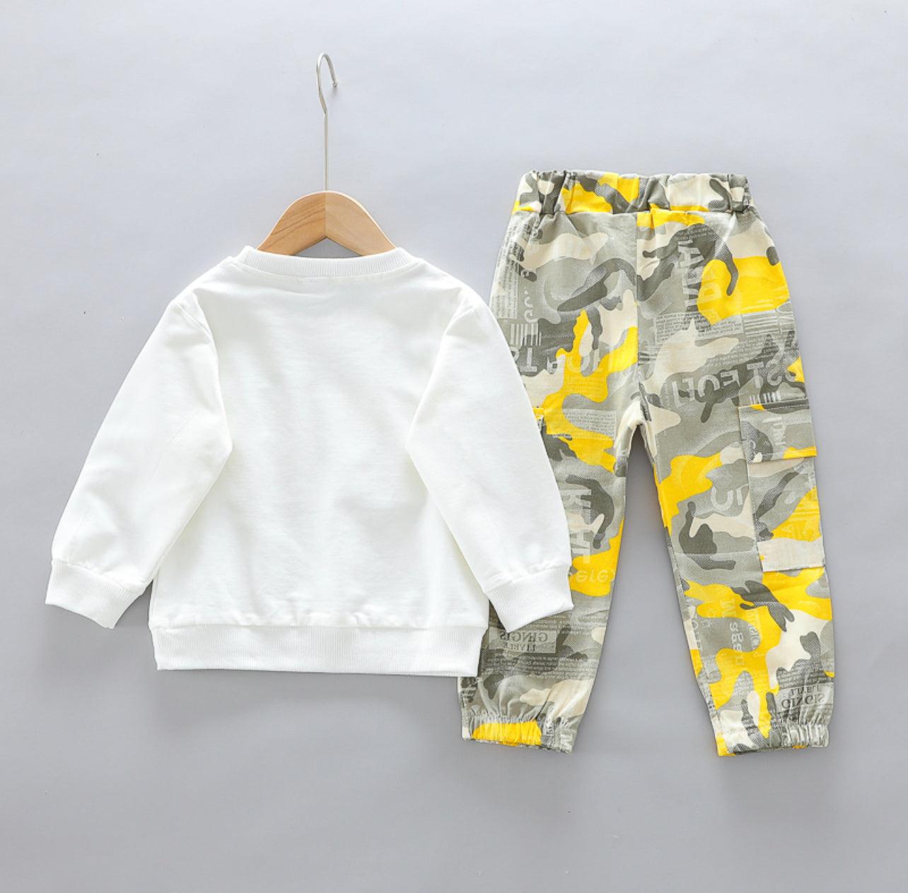 2-piece Toddler Boy Letter Camouflage Print White Pullover and Pants Set - Mycia Boutique