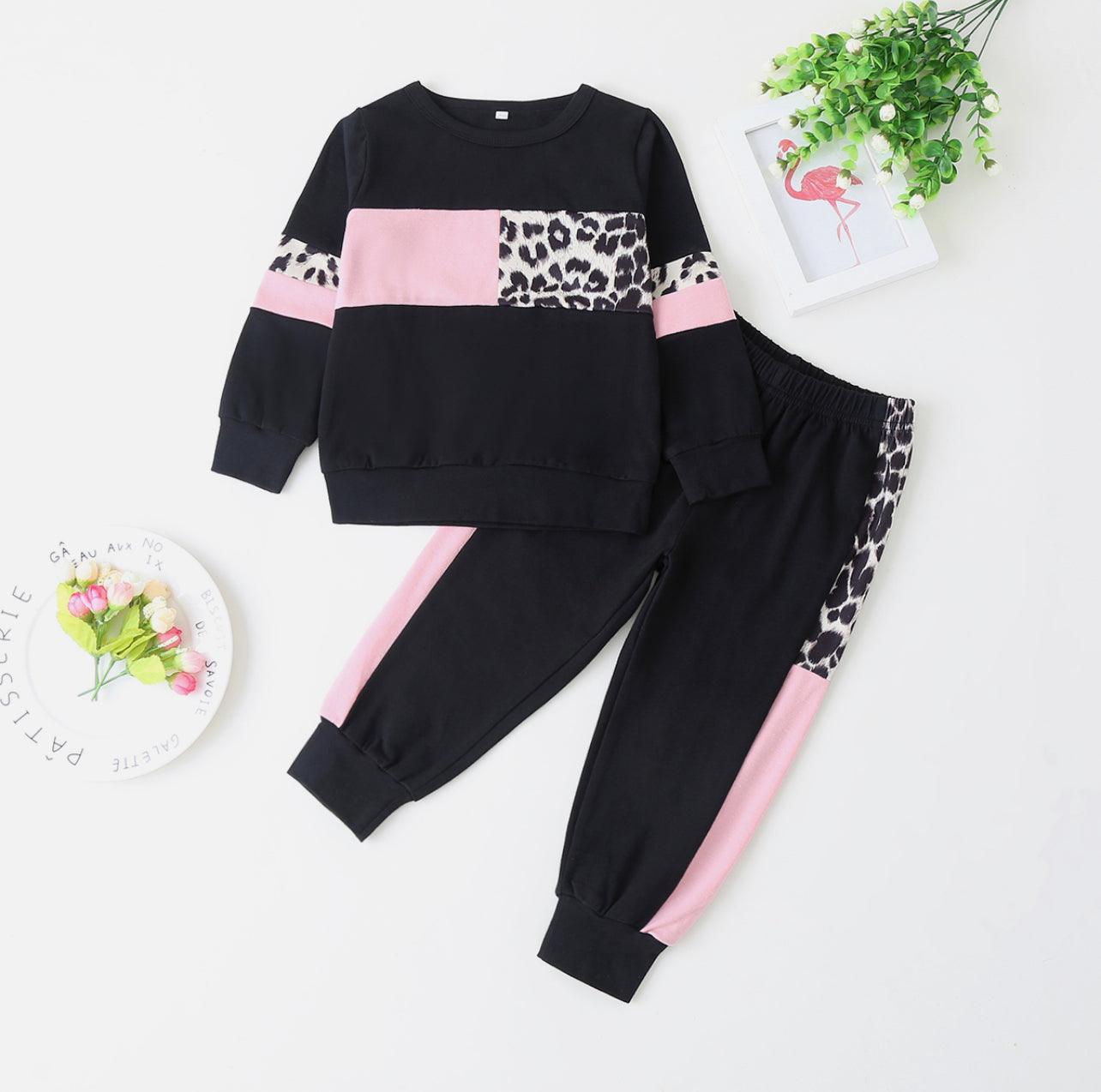 2-piece Girl Splice Leopard Print Long-sleeve Pullover and Pants Set - Mycia Boutique