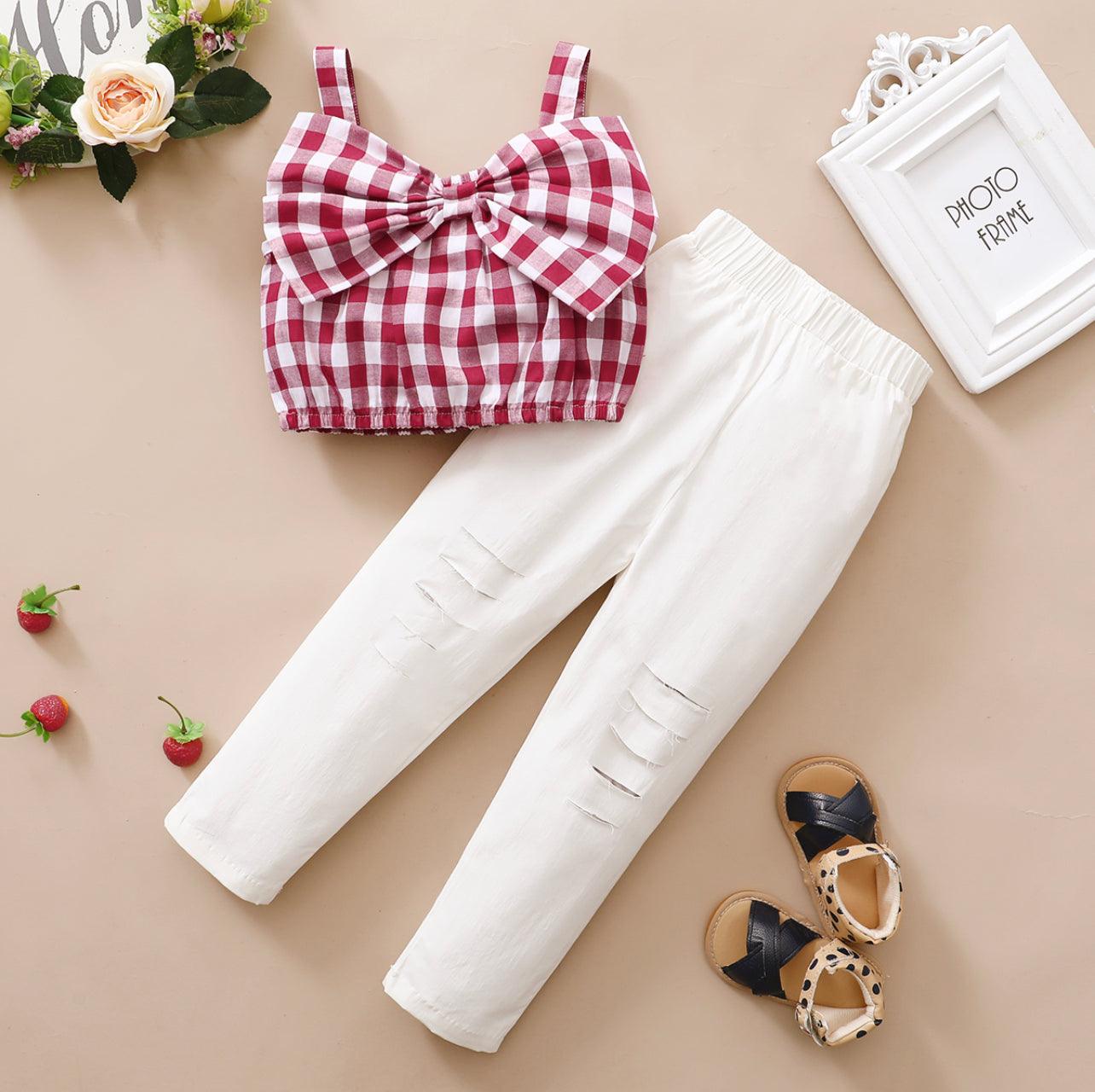 Toddler Girl Plaid Bowknot Tank And White Pants - Mycia Boutique