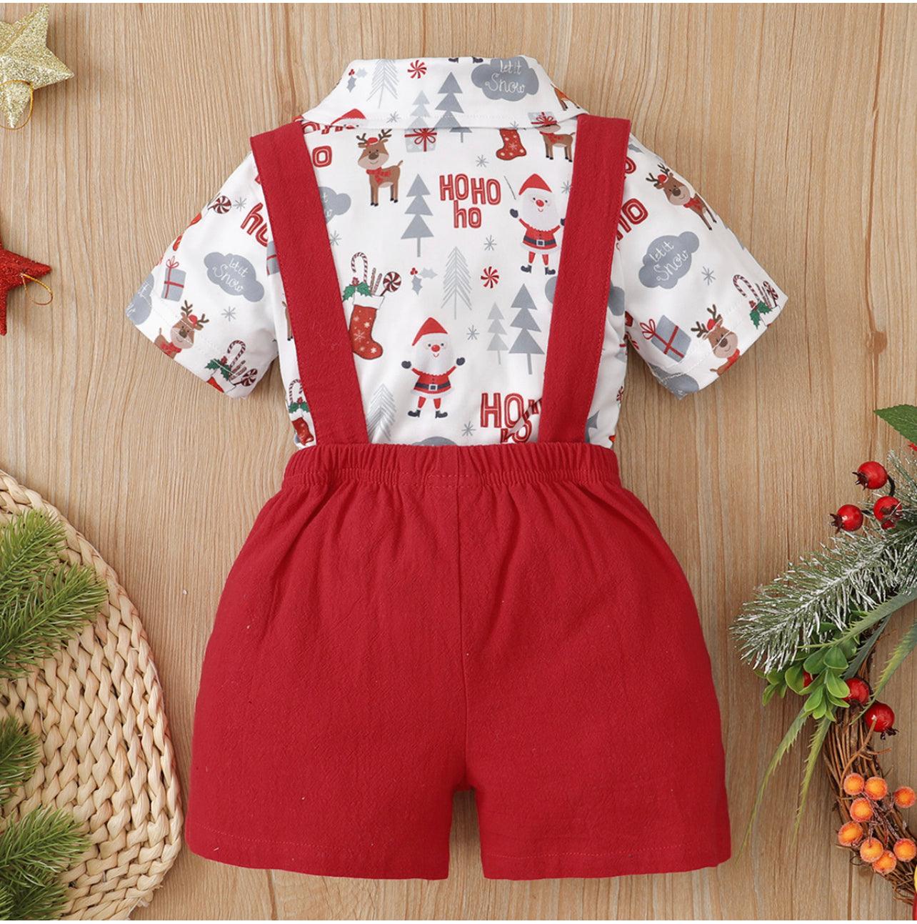 2pcs Baby Boy Red Christmas All Over Print Short-sleeve Shirt Romper and Overalls Shorts Set - Mycia Boutique