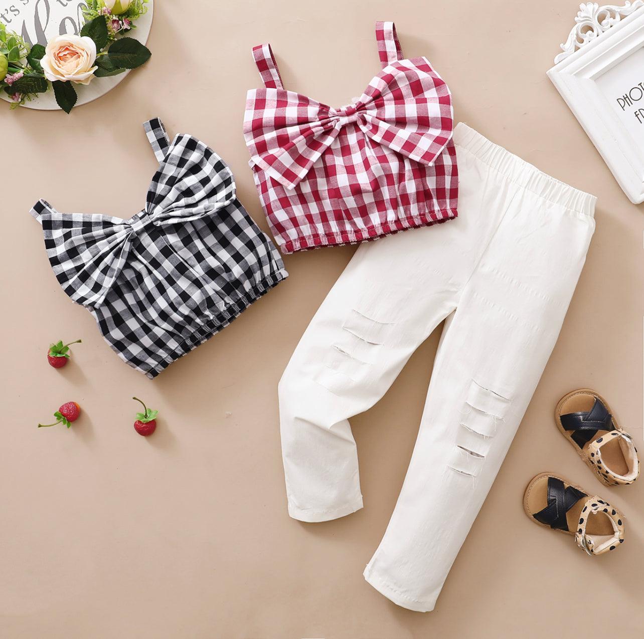 Toddler Girl Plaid Bowknot Tank And White Pants - Mycia Boutique