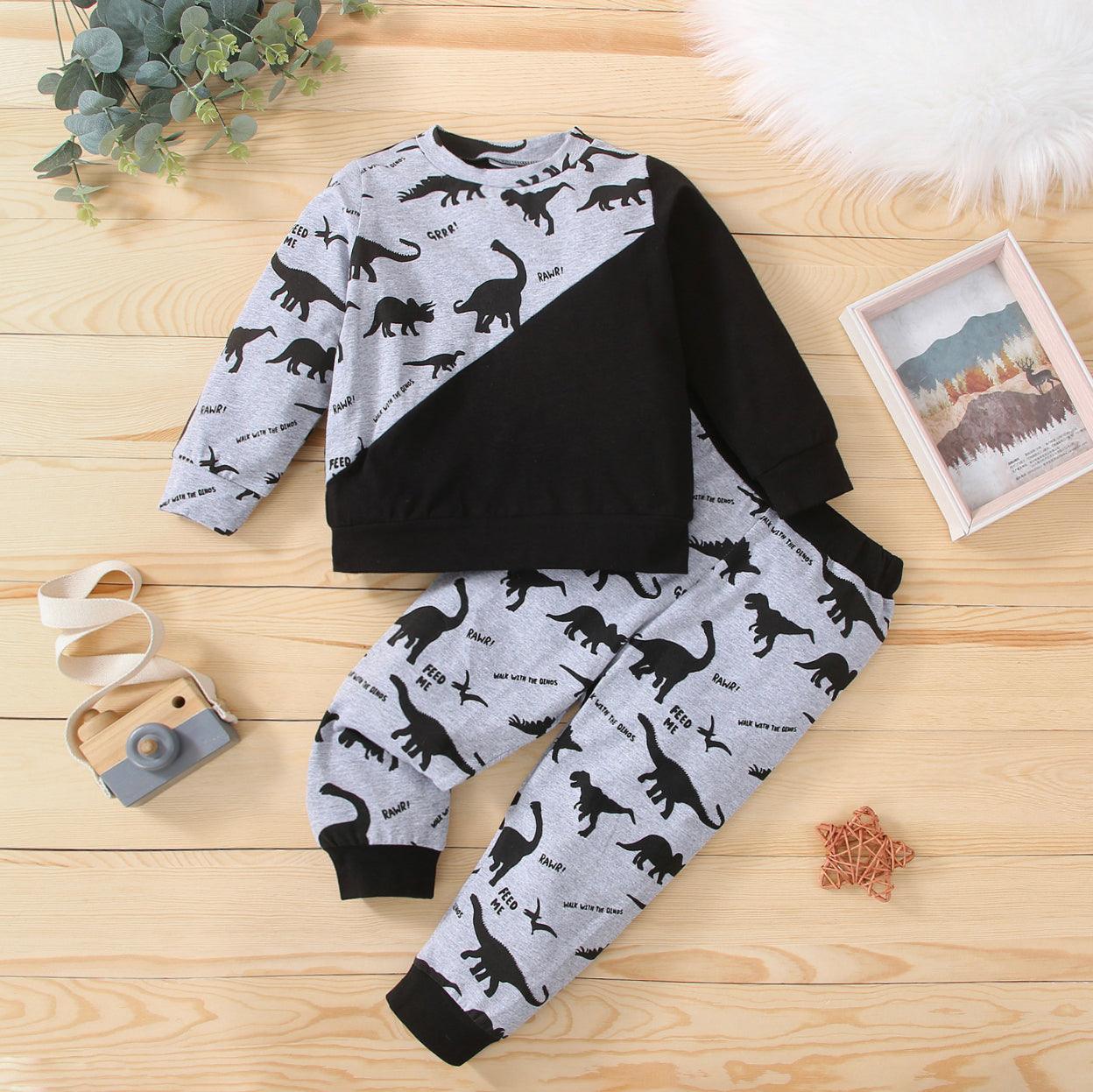 2-piece Toddler Boy Dinosaur Print Pullover Sweatshirt and Pants Set - Mycia Boutique