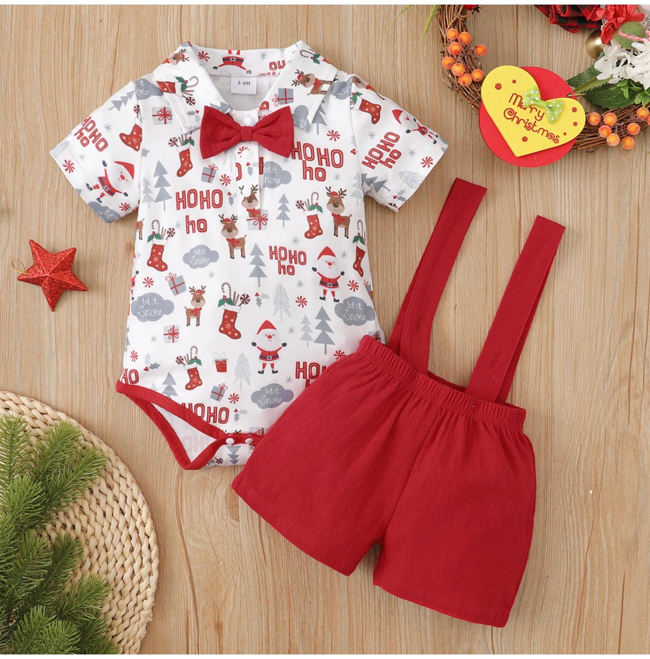 2pcs Baby Red Christmas All Over Print Short-sleeve Shirt Romper and Overalls Shorts Set