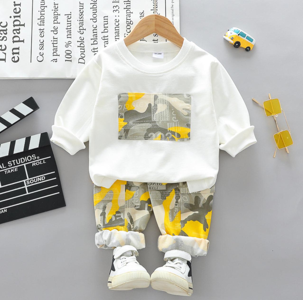 2-piece Toddler Boy Letter Camouflage Print White Pullover and Pants Set - Mycia Boutique