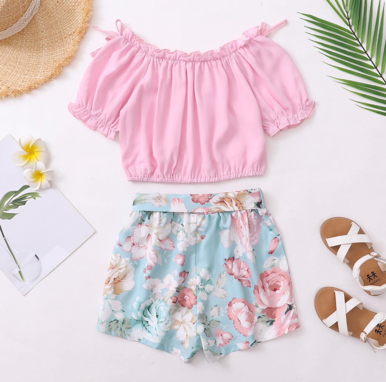 2-piece Girl Ruffle-sleeveSolid Top and Floral Print Shorts with Waistband Set - Mycia Boutique