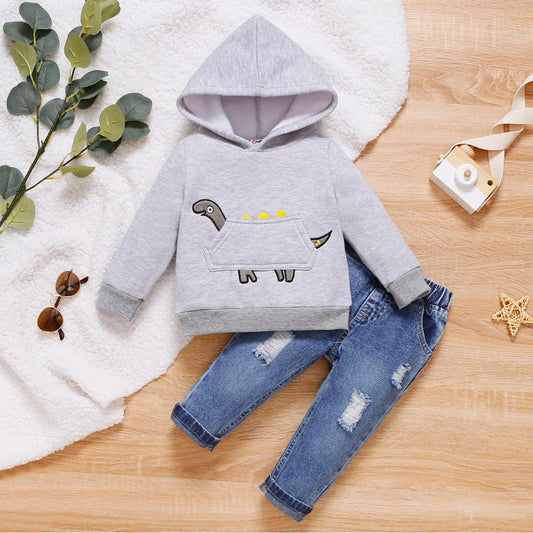 2-piece Baby Boy Dinosaur Embroidered Fleece Lined Hoodie Sweatshirt and Ripped Jeans Set - Mycia Boutique