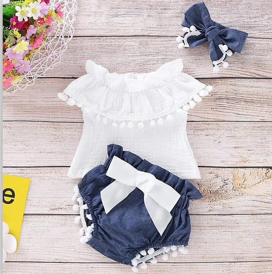 3-piece Baby / Toddler Girl Pompon Decor Flounced Collar Top and Shorts with Headband - Mycia Boutique