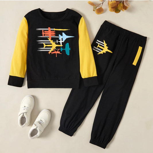 Boy  Plane Print Cartoon Sweatshirt and Pants Set - Mycia Boutique