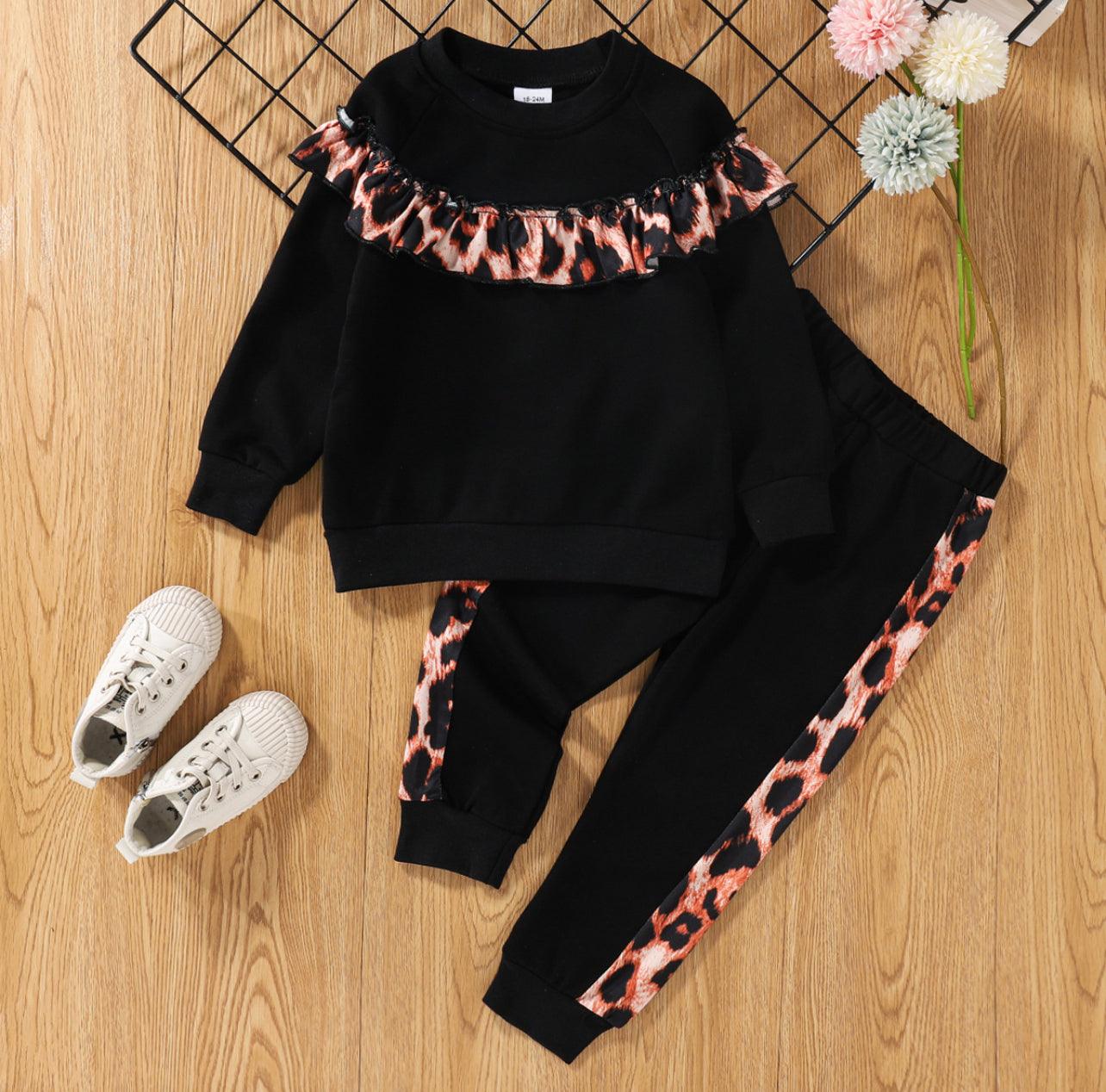 2-piece Toddler Girl Ruffled Leopard Print Pullover and Elasticized Pants Set - Mycia Boutique