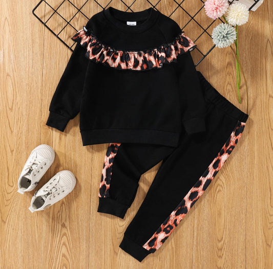 2-piece Toddler Girl Ruffled Leopard Print Pullover and Elasticized Pants Set - Mycia Boutique