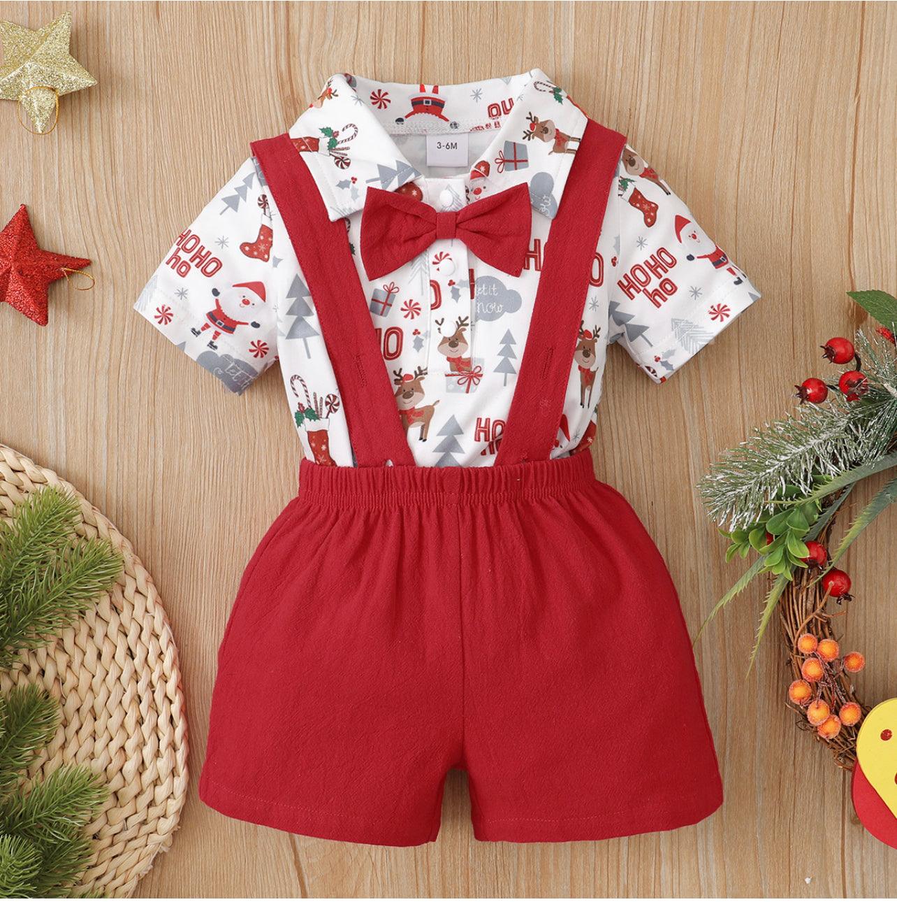 2pcs Baby Boy Red Christmas All Over Print Short-sleeve Shirt Romper and Overalls Shorts Set - Mycia Boutique