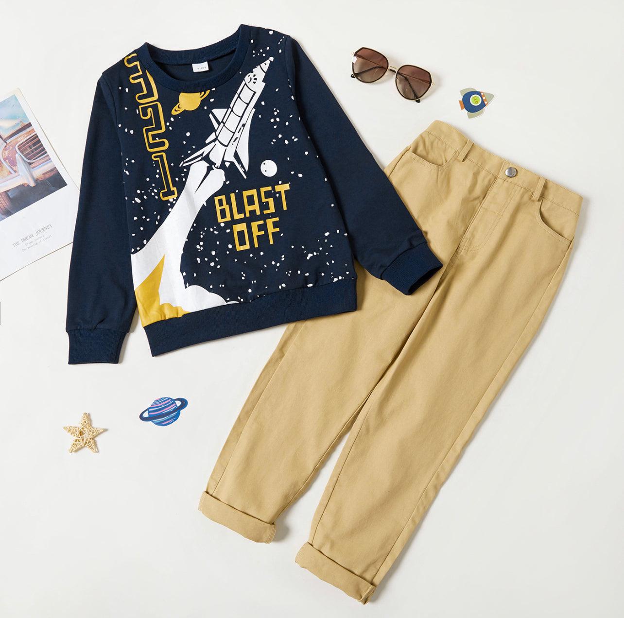 2-piece Boy Space RocketLetter Print Pullover Sweatshirt and Solid Pants Set - Mycia Boutique