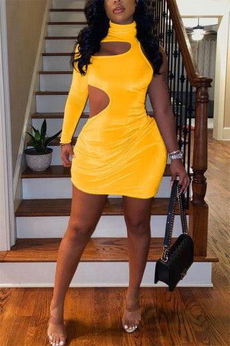 Yellow Fashion Solid Hollowed Out Turtleneck Long Sleeve Dress - Mycia Boutique