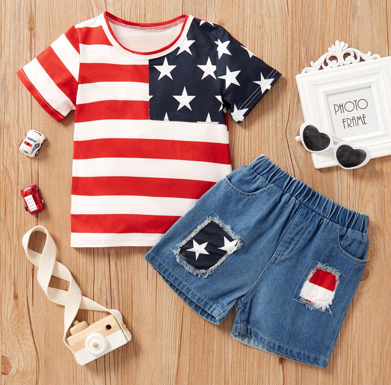 2-piece Toddler Boy Flag Tee and Denim Shorts Set of independence Day - Mycia Boutique