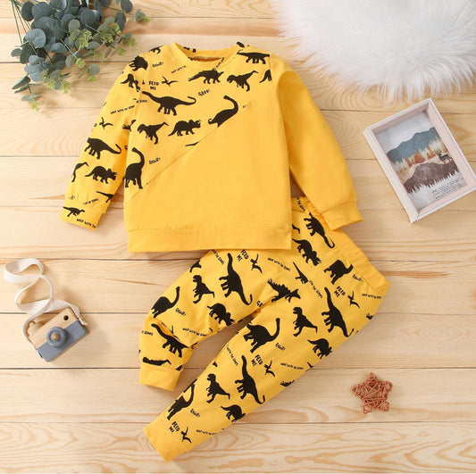 2-piece Toddler Boy Dinosaur Print Pullover Sweatshirt and Pants Set - Mycia Boutique