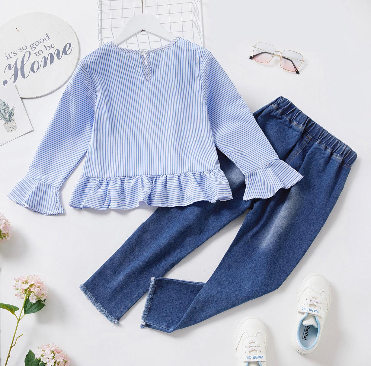 2 piece Girl Striped Bell sleeves Ruffle Hem Blouse and Ribbed Denim Jeans Set - Mycia Boutique