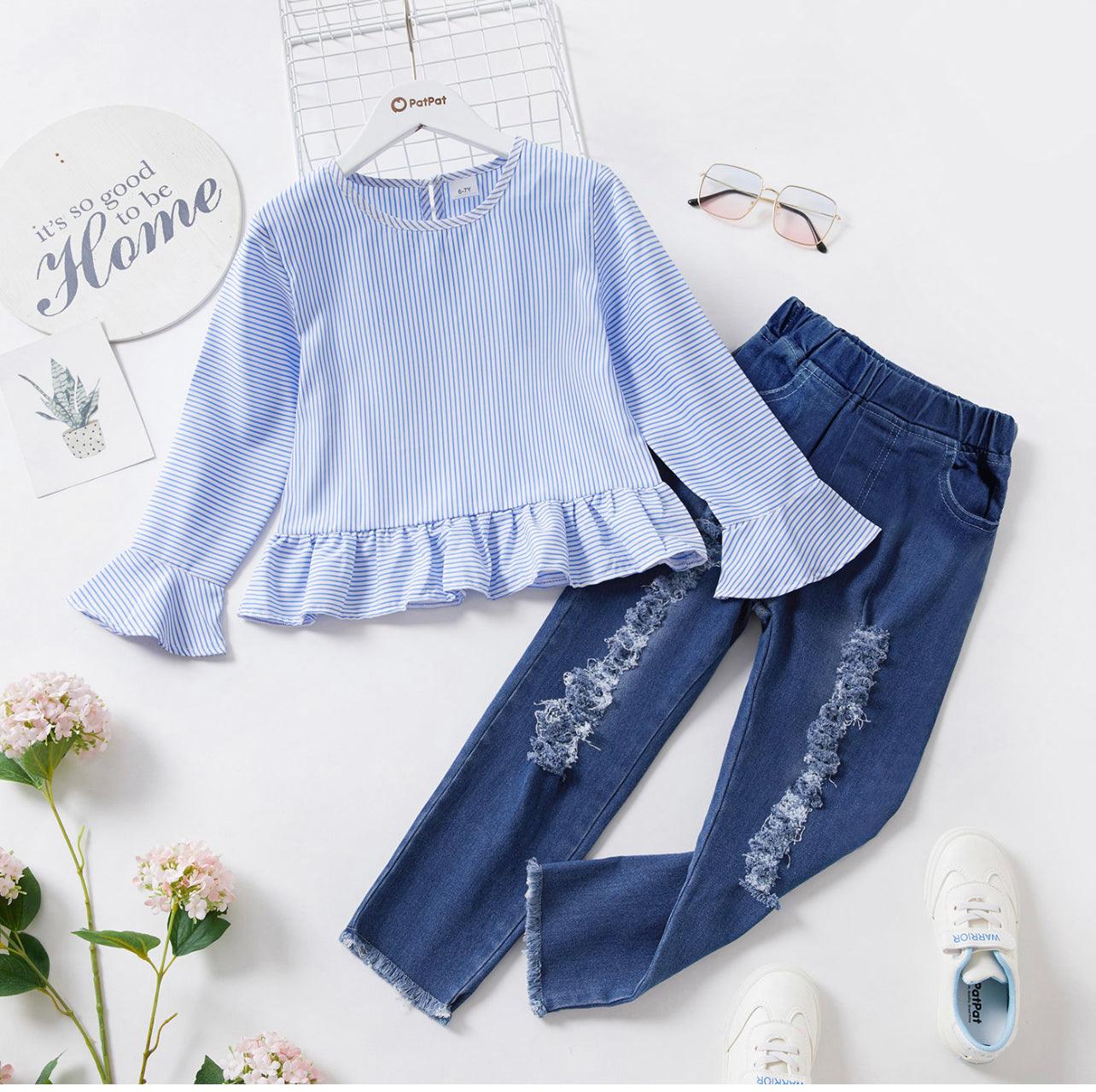 2 piece Girl Striped Bell sleeves Ruffle Hem Blouse and Ribbed Denim Jeans Set - Mycia Boutique