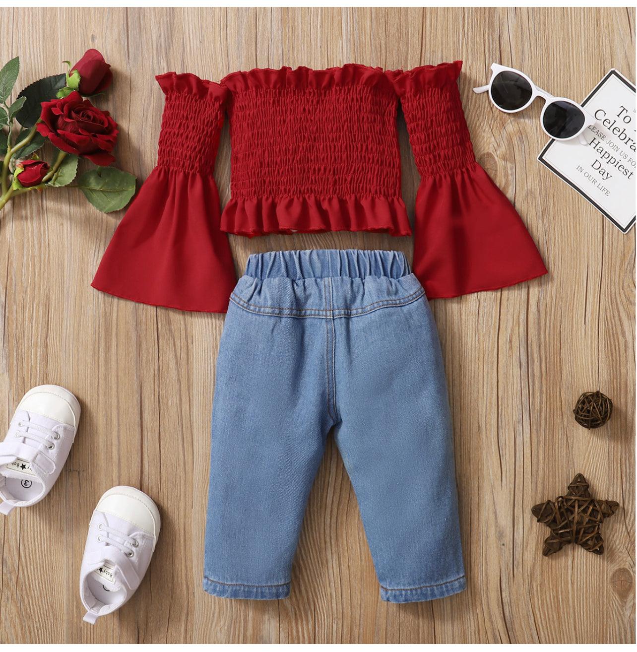 2pcs Baby Off Shoulder Bell Sleeve Shirred Crop Top and Ripped Jeans Set - Mycia Boutique