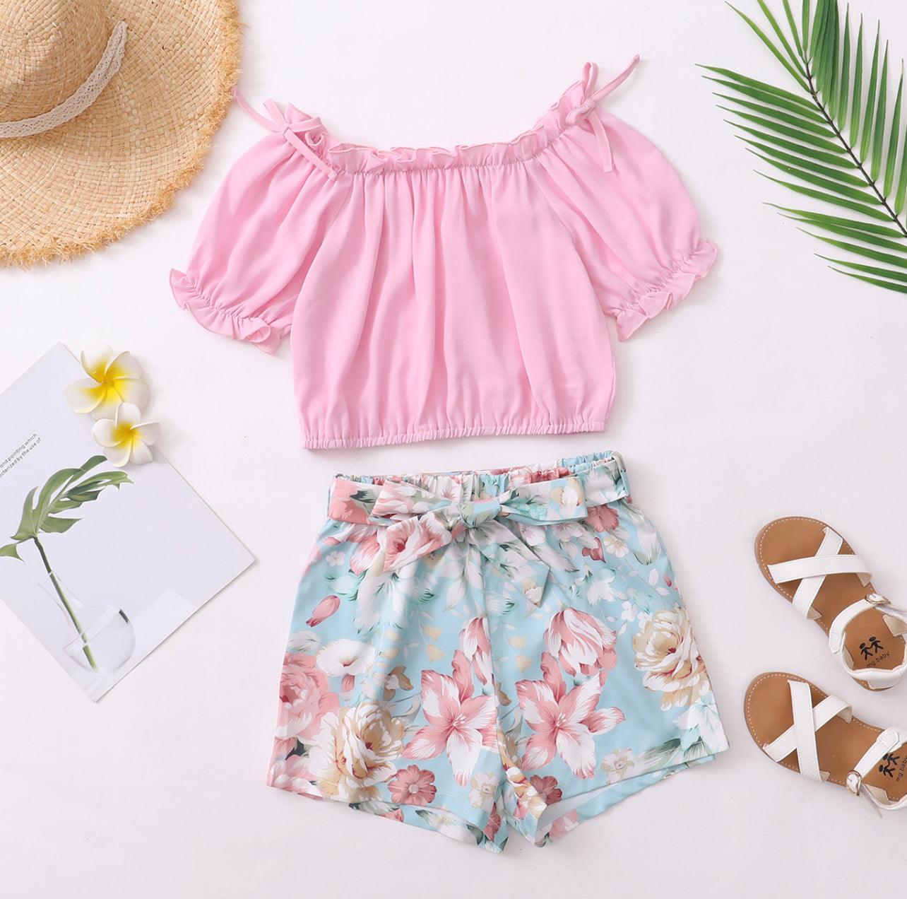 2-piece Girl Ruffle-sleeveSolid Top and Floral Print Shorts with Waistband Set - Mycia Boutique