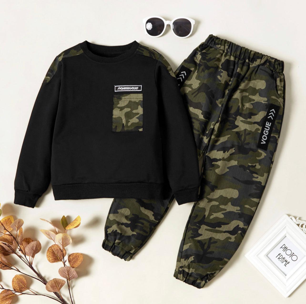 Boy’s Camouflage Pocket Sweatshirt and Pants Sets - Mycia Boutique