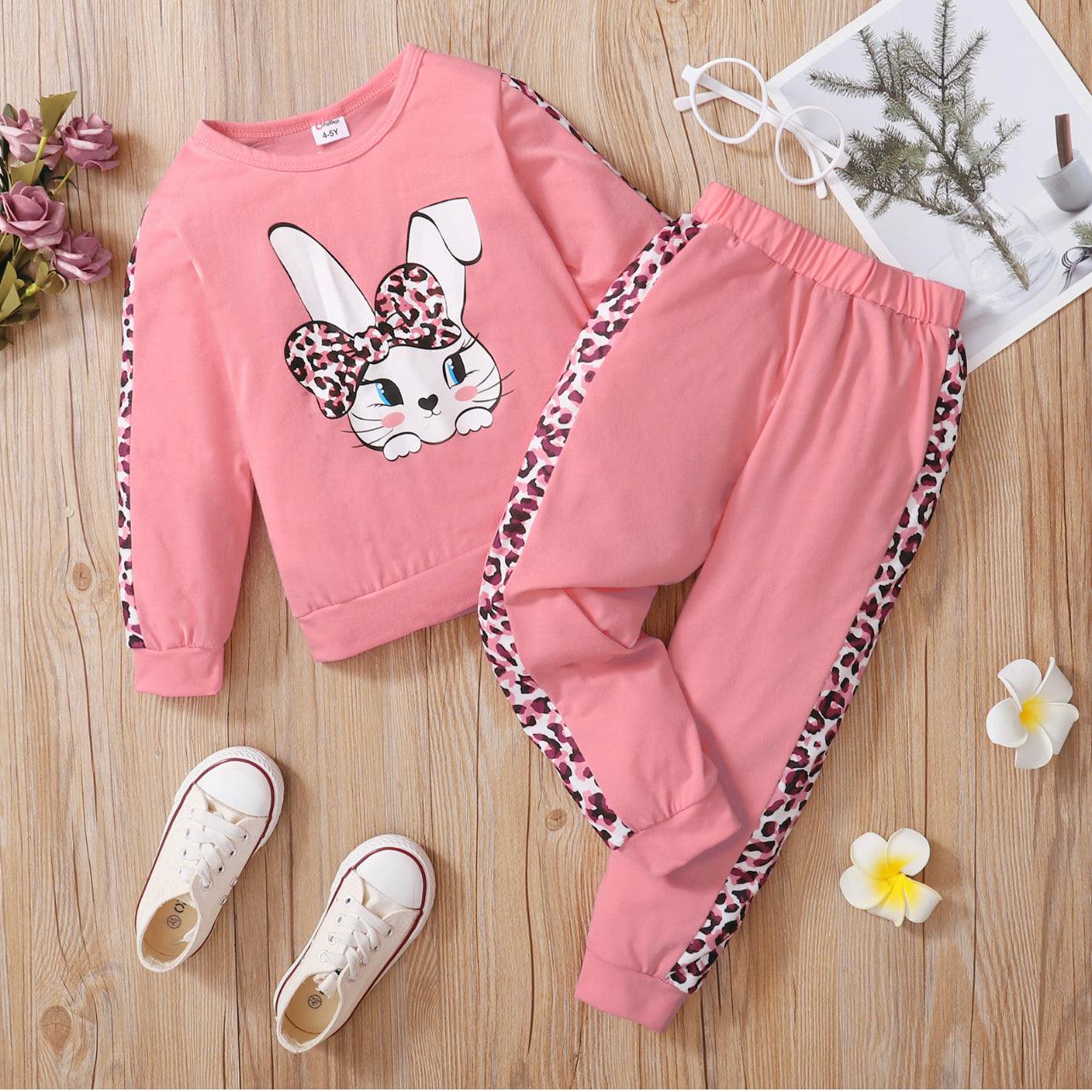 2 piece Girl Cute Rabbit Leopard Print Pullover and Elasticized Pants Casual Set - Mycia Boutique