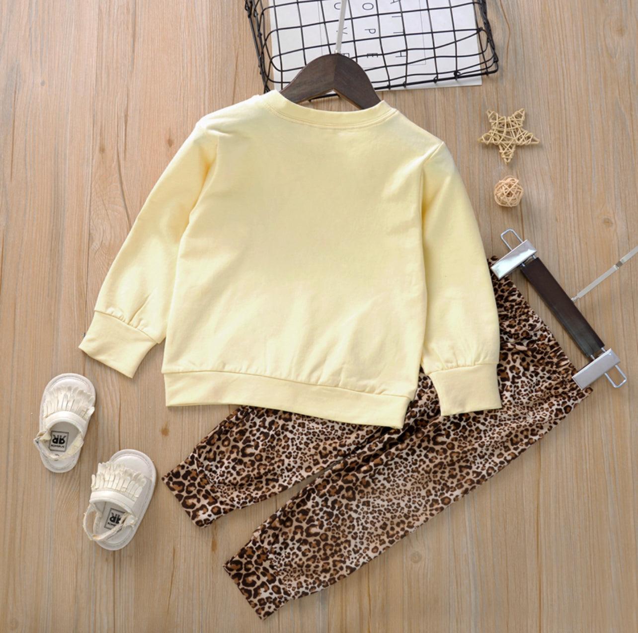 2-piece Toddler Girl Letter Solid Long-sleeve Top and Leopard Print Pants Set - Mycia Boutique