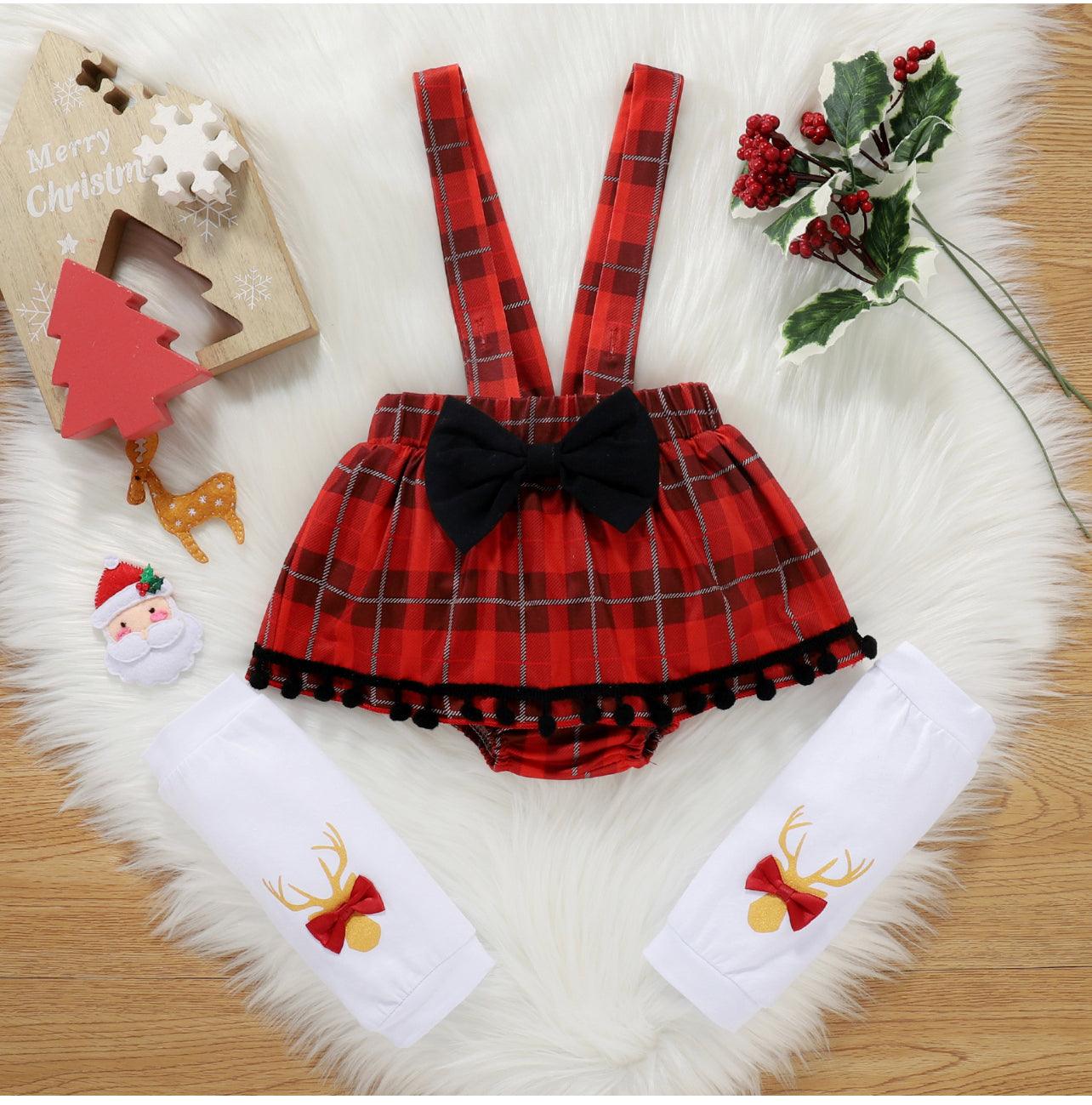 Baby Girl 3pcs Christmas Letter Print Pom Poms Long-sleeve Romper and Plaid Suspender Skort Set - Mycia Boutique