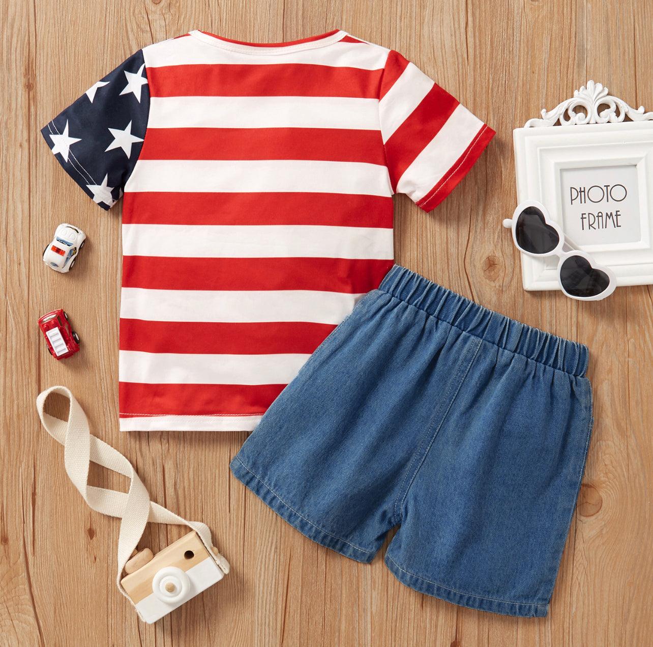 2-piece Toddler Boy Flag Tee and Denim Shorts Set of independence Day - Mycia Boutique