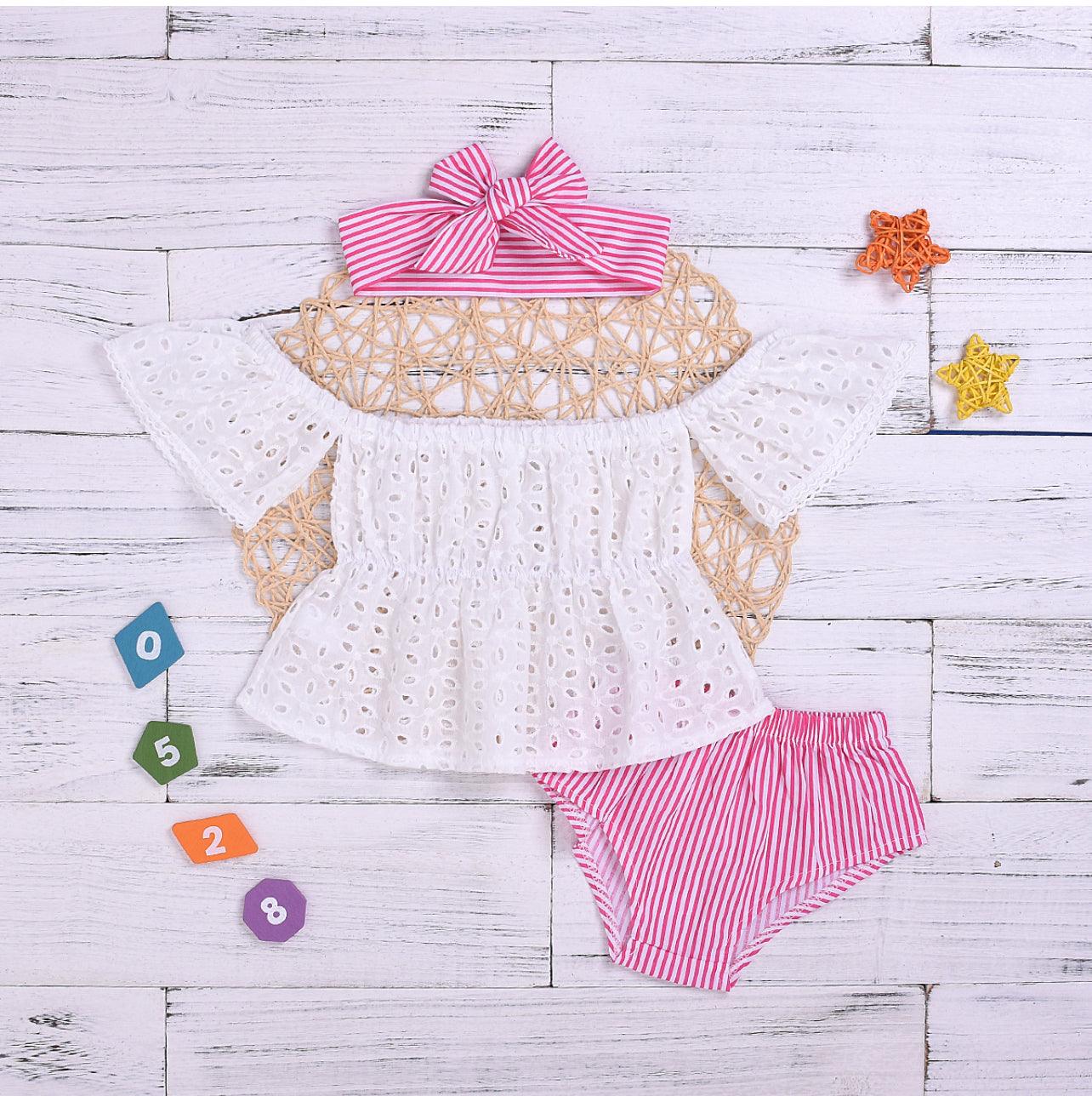 Baby Girl's Hollow Out Top Striped Shorts and Headband Set - Mycia Boutique