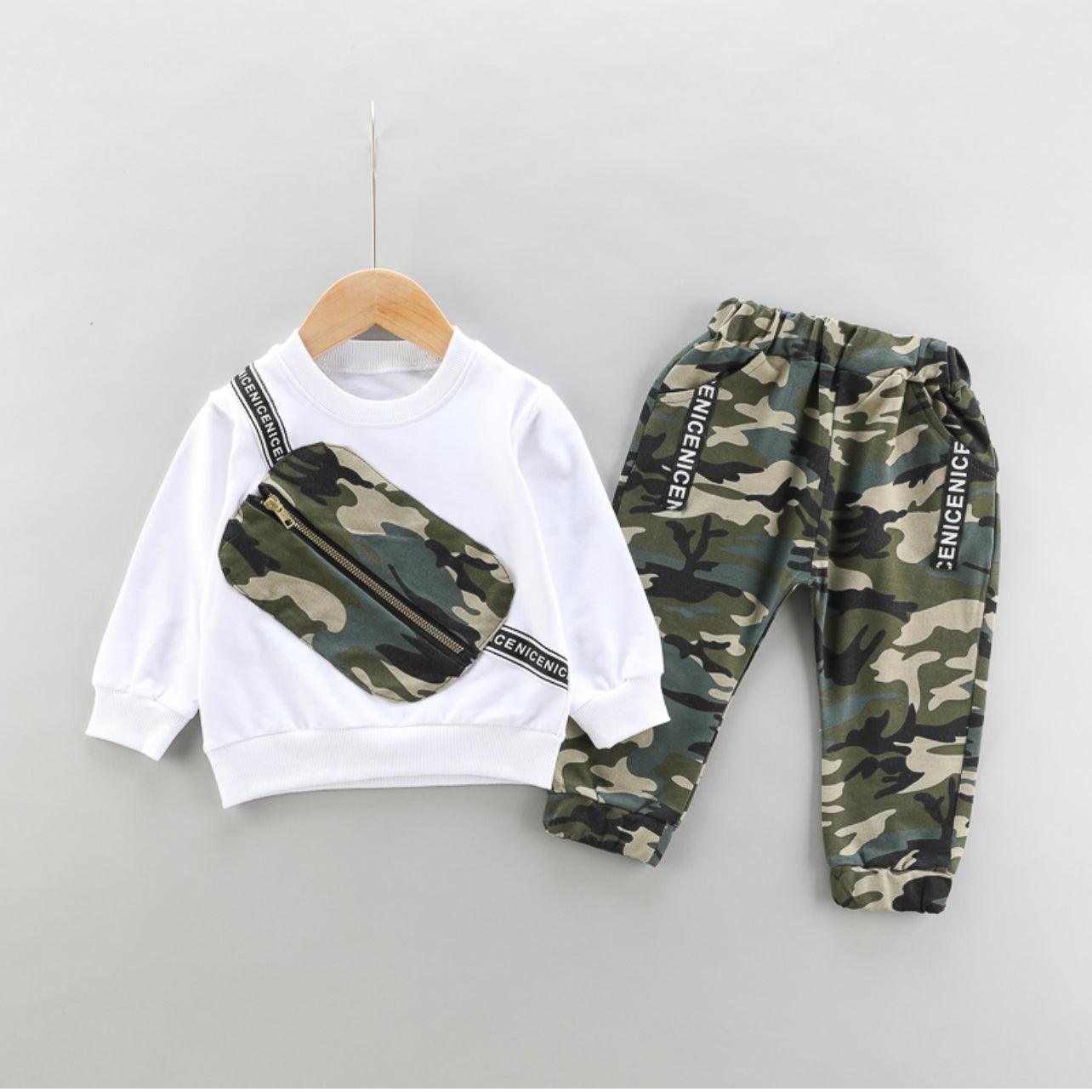 2-pieces Boy Camouflage Bag Print Long-sleeve Top and stretch Pants Set - Mycia Boutique