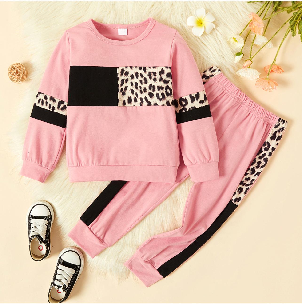 2-piece Girl Splice Leopard Print Long-sleeve Pullover and Pants Set - Mycia Boutique