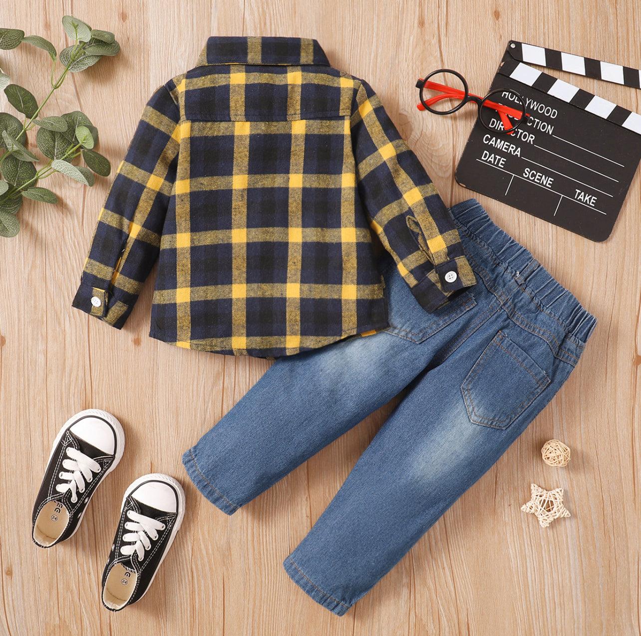 2-piece Toddler Boy Lapel Collar Button Design Plaid Shirt and Ripped Denim Jeans Set - Mycia Boutique