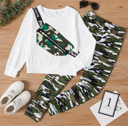 2-pieces Boy Camouflage Bag Print Pullover Sweatshirt and Pants Set - Mycia Boutique