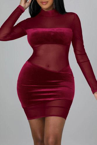 Burgundy Sexy Solid Split Joint See-through Mesh Half A Turtleneck Mini  Dresses - Mycia Boutique