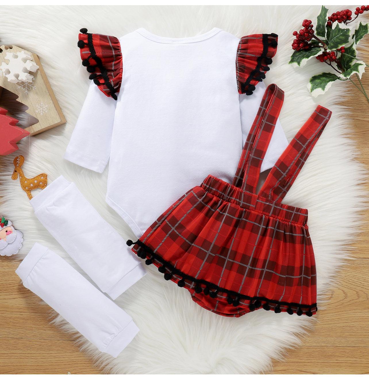 Baby Girl 3pcs Christmas Letter Print Pom Poms Long-sleeve Romper and Plaid Suspender Skort Set - Mycia Boutique