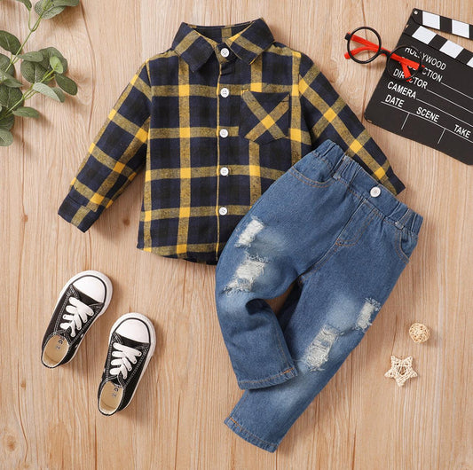 2-piece Toddler Boy Lapel Collar Button Design Plaid Shirt and Ripped Denim Jeans Set - Mycia Boutique