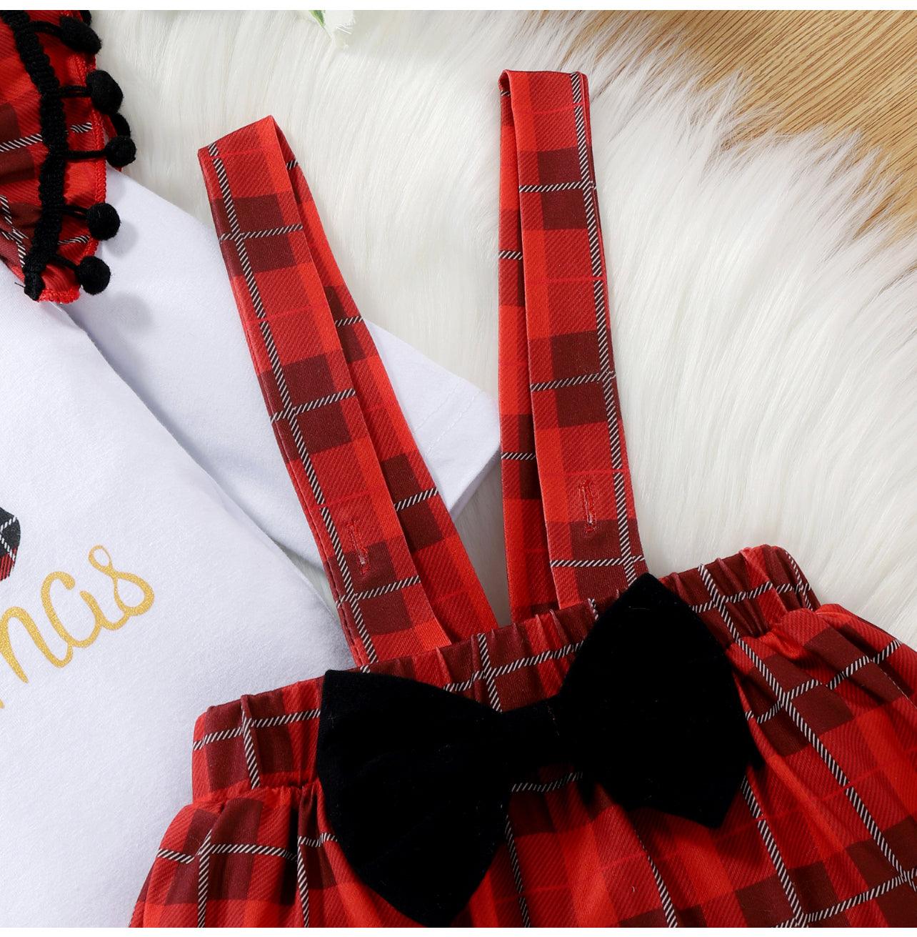 Baby Girl 3pcs Christmas Letter Print Pom Poms Long-sleeve Romper and Plaid Suspender Skort Set - Mycia Boutique