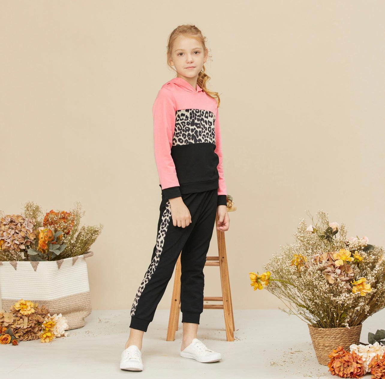 Girl’s Leopard Hooded Sweatshirt and Pants Set - Mycia Boutique