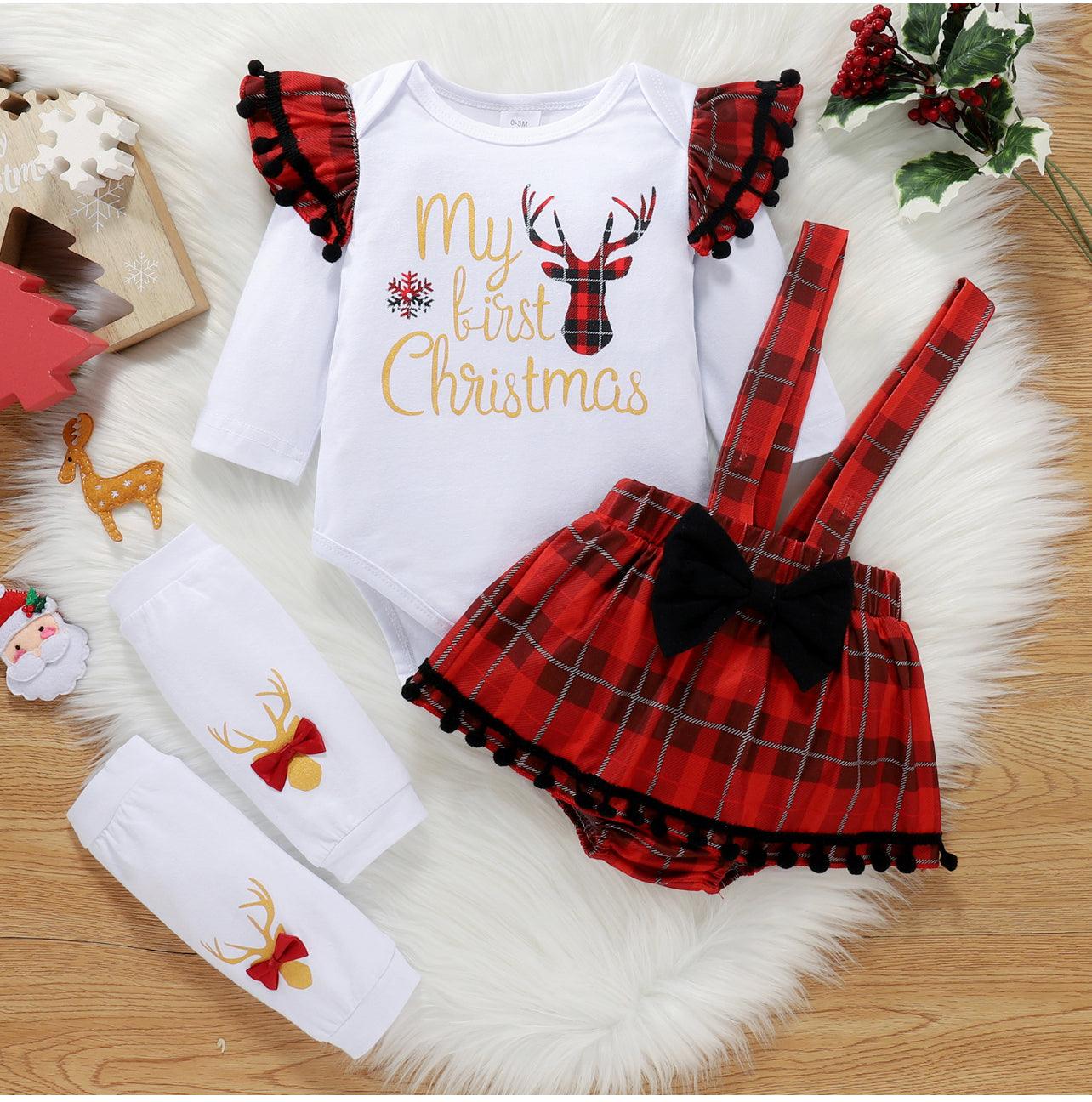 Baby Girl 3pcs Christmas Letter Print Pom Poms Long-sleeve Romper and Plaid Suspender Skort Set - Mycia Boutique