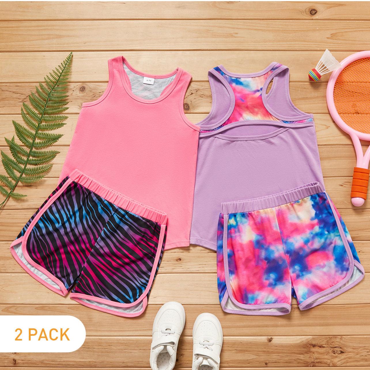 2 Pack Girl Sleeveless Back Hollow out TankTop and Striped/Tie Dye Elasticized Shorts Sporty Set - Mycia Boutique